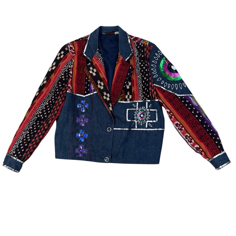 VTG Modi Denim Blazer Jacket Womens Small Multicolor Sequin Design Southwestern